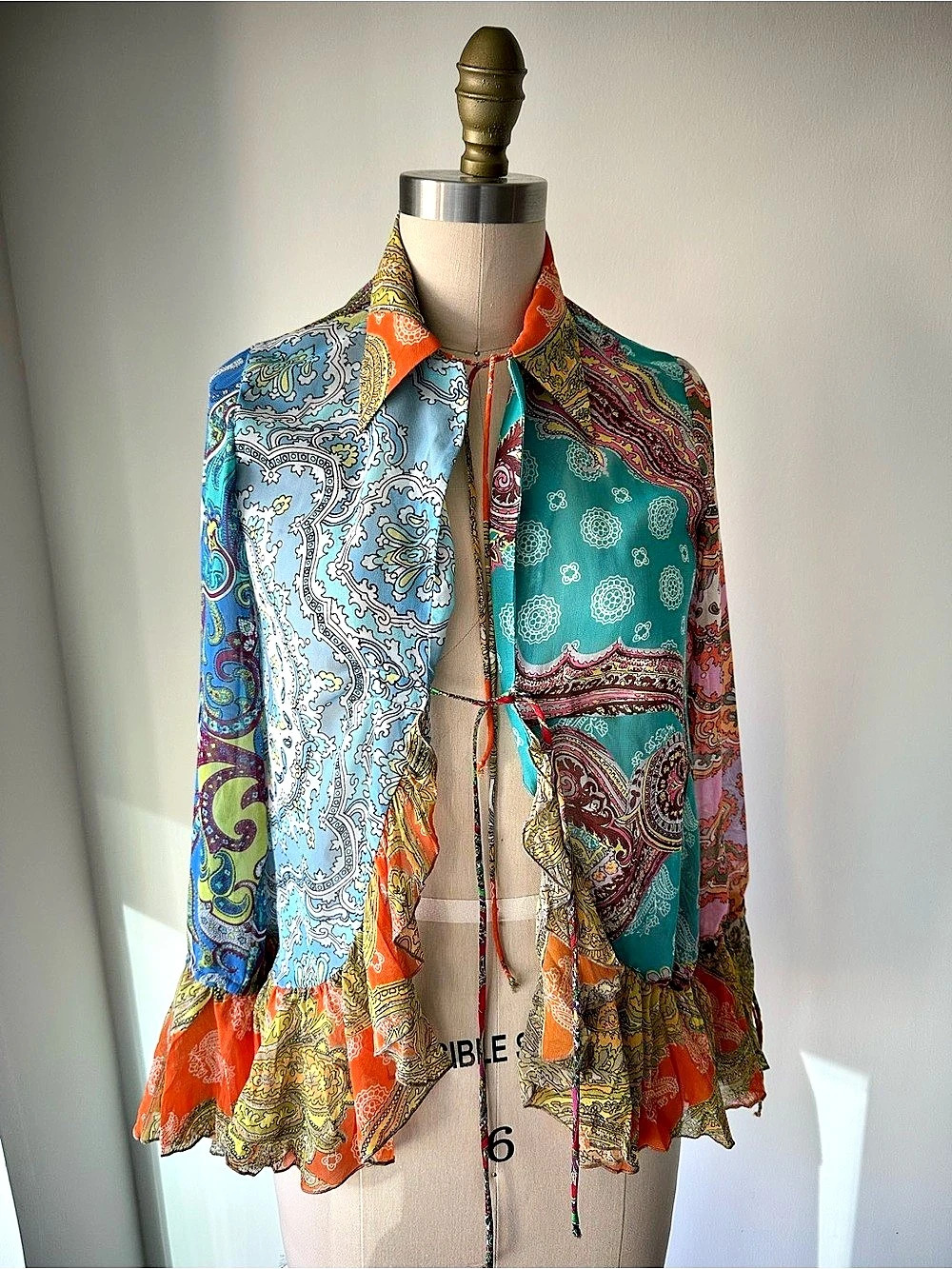 Zara Paisley Ruffle Blouse in Blue & Orange Size small